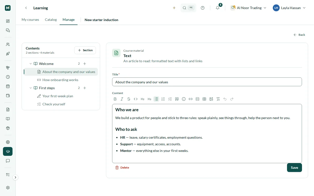 Course builder: two sections with text, link, assignment and quiz materials, a text material open in the editor