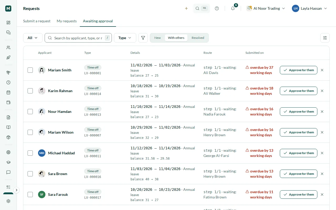 Awaiting approval, requests waiting with other approvers: time-off requests with serial numbers, the route step and whose decision they wait for, and overdue badges in working days