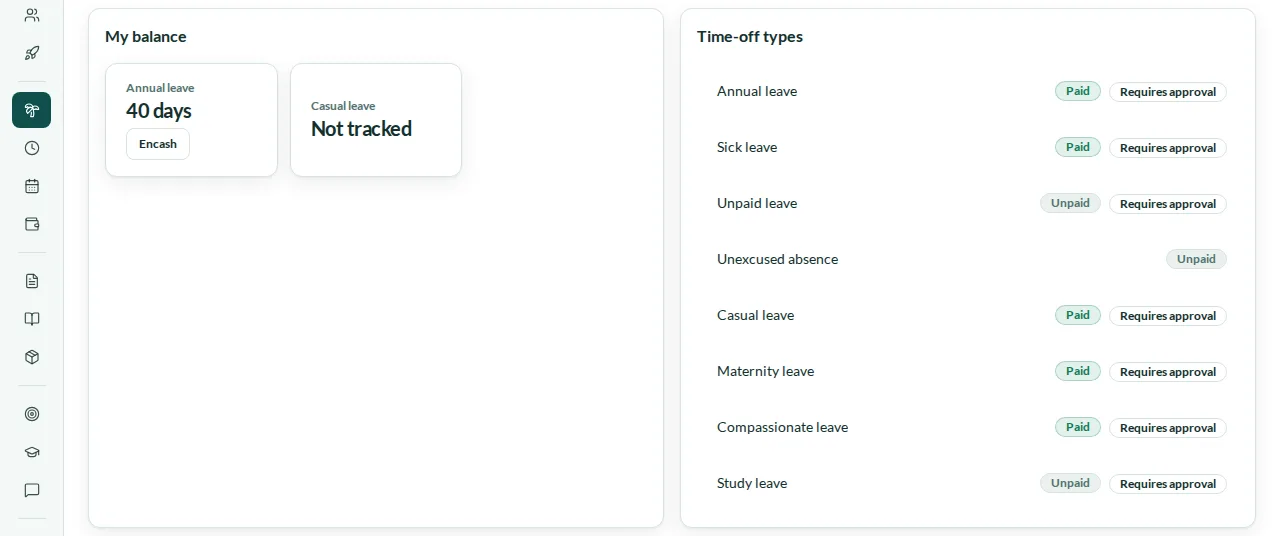 Time off with My balance for annual and casual leave and the company’s leave types, paid or unpaid, with approval rules