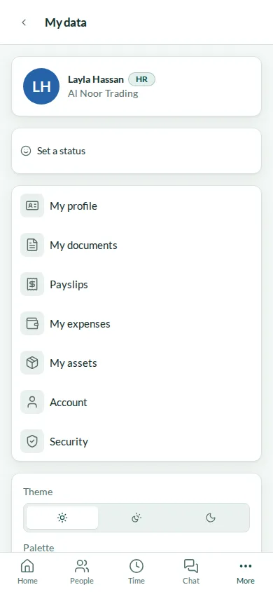 My data on a phone: profile, documents, payslips, expenses, assets, account and security