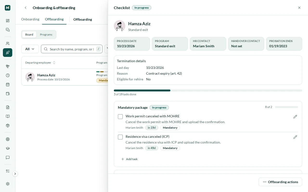 Offboarding checklist with the termination reason, rehire mark and MoHRE and ICP cancellation tasks