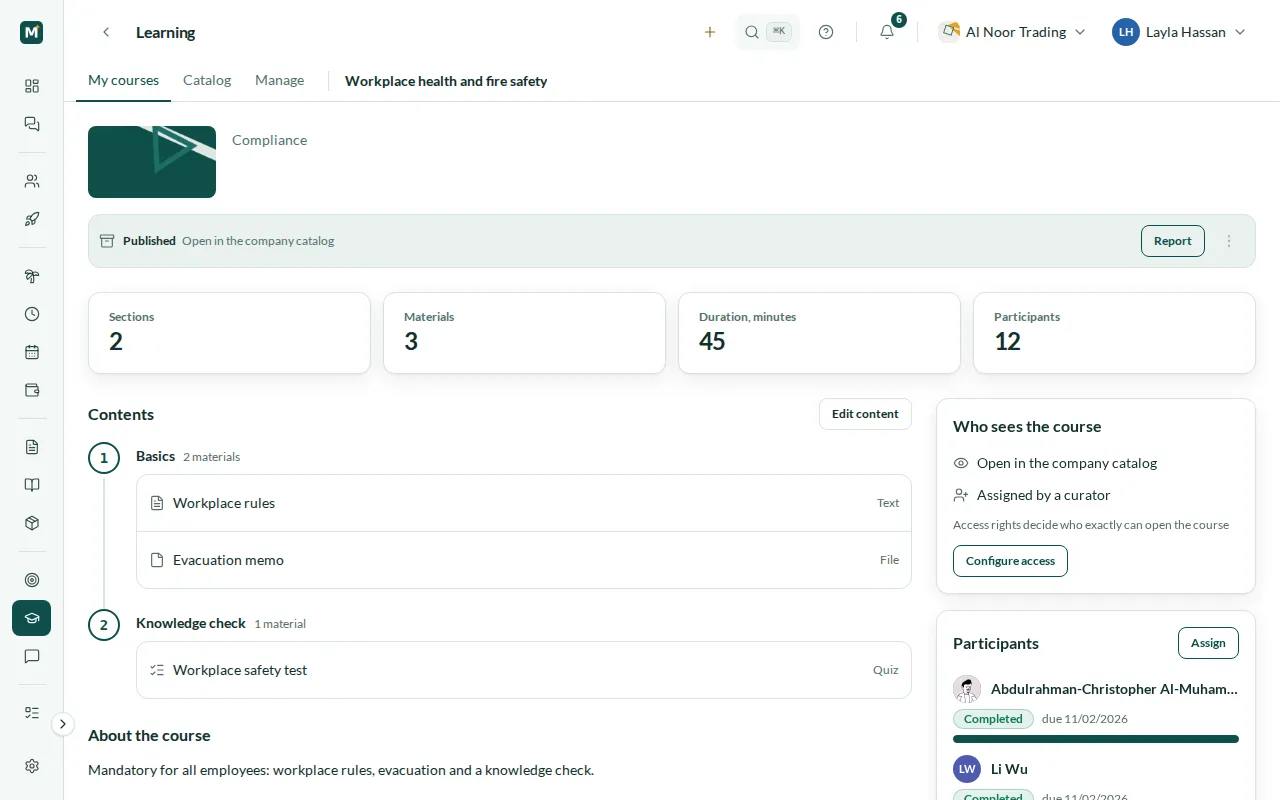 Course page with sections, materials, access settings and participants with their status and due date