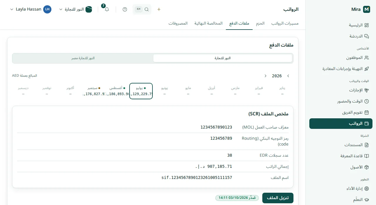 ملف الدفع لنظام WPS: أسطر SIF مع حالة التحقق