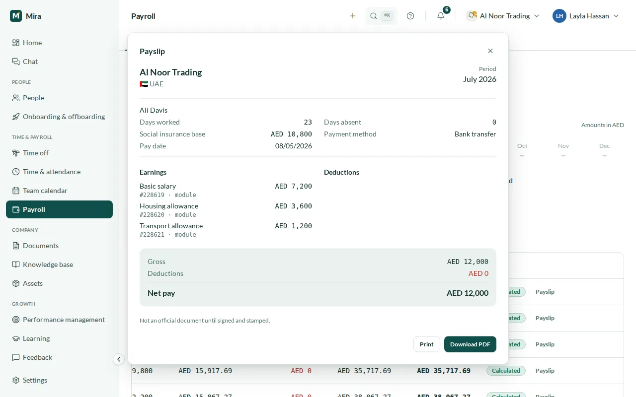 Employee payslip with earnings, deductions and net pay