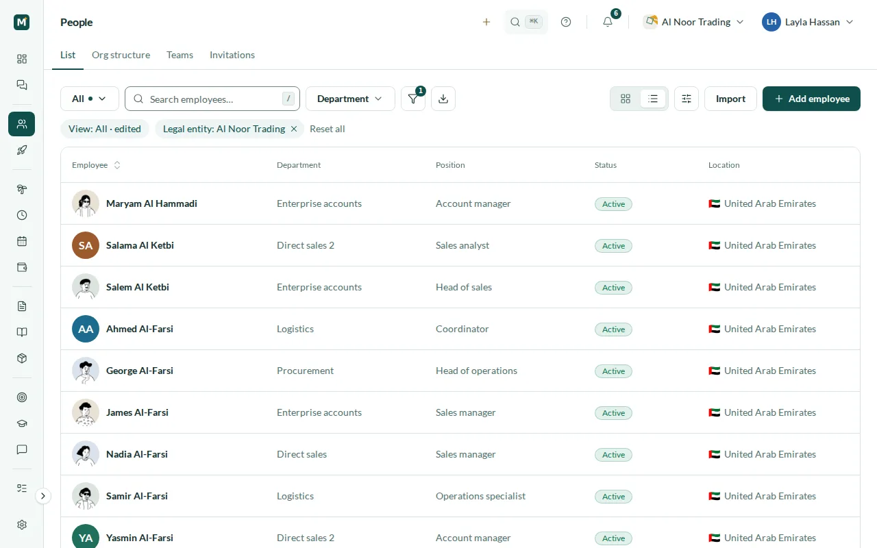 Employee directory filtered by legal entity, with photos, job titles and departments