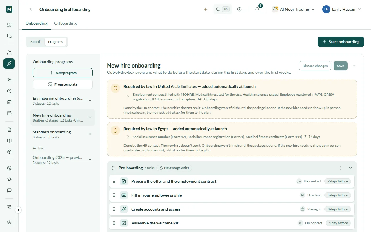 Onboarding program editor with the UAE and Egypt government packages above the stages and tasks