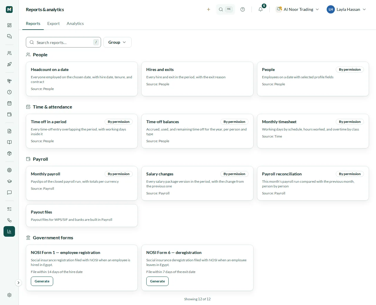 Report catalogue: people, time and attendance and payroll reports, payout files and the NOSI Form 1 and Form 6 government forms
