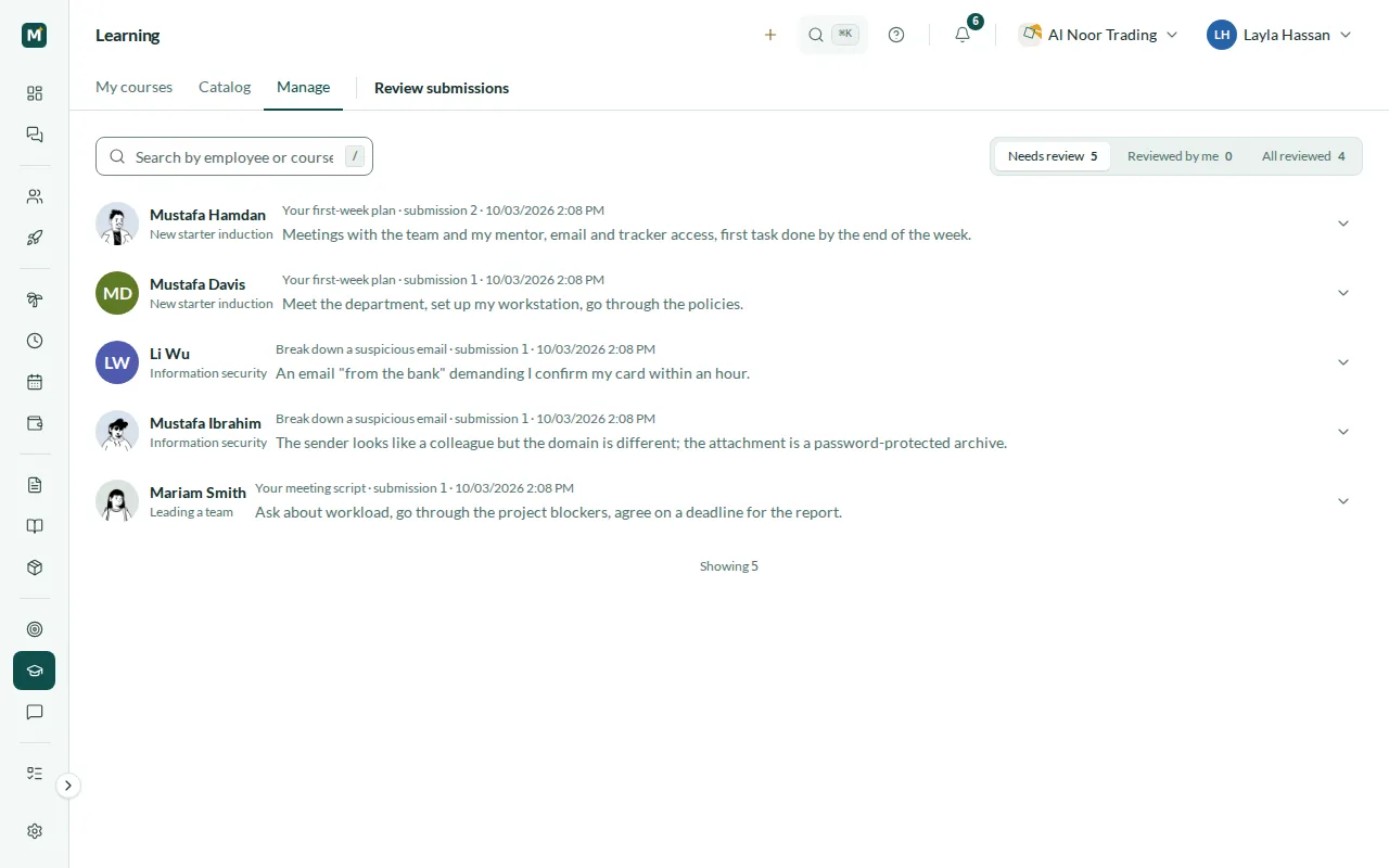 Assignments waiting for a curator decision: employee, course, submission number and answer