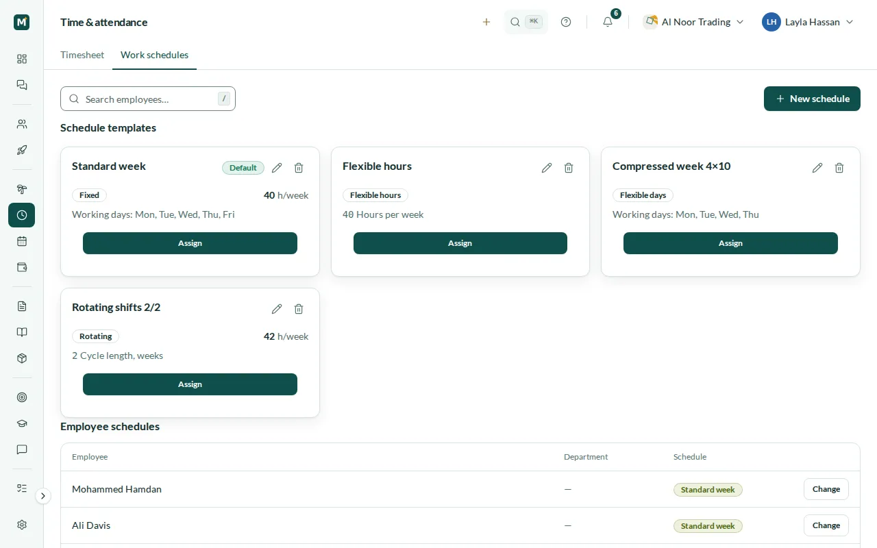 Work schedule templates: fixed, flexible hours, flexible days and rotating shifts