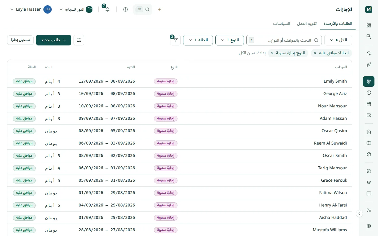 طلبات الإجازة السنوية للموظفين الموافق عليها بفترتها ومدتها